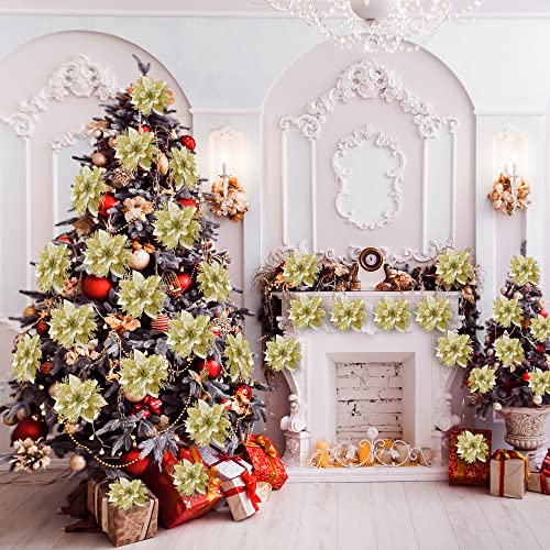 Sggvecsy 24 Pcs Christmas Glitter Poinsettia Flowers Christmas Tree Ornaments Artificial Christmas Flowers Decorations With Clips For Xmas Holiday Wedding Party Wreath Floral Decorations (Glod) #TOP5