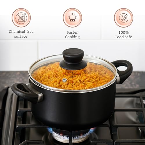 Image of Amazon Brand - Solimo Non-Stick 5-Piece Cookware Set | Induction & Gas Compatible | Aluminium Construction | Includes Saucepans, Frypans & Casserole with Glass Lids