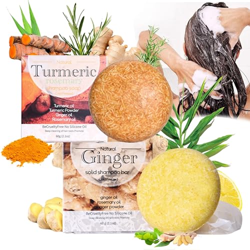 Champú Bar con jengibre y cúrcuma – 2 unidades de jabón sólido con extracto de jengibre y aceite de cúrcuma, anticaída del cabello, champú de jengibre para el crecimiento del cabello y el volumen