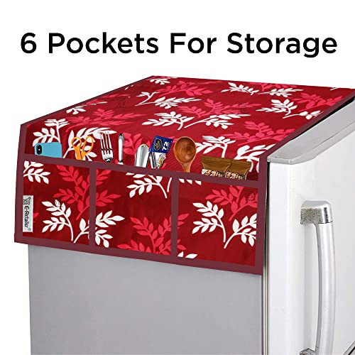 Image of Polyester 3-Layered Fridge Top Cover /Refrigerator Cover with Utility Pockets and Set of 3 Pc Fridge Mats (Color-Leaf Maroon, Size-39x21 Inch)