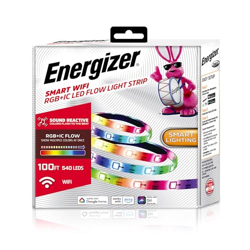 Image of Energizer Smart RGB+IC LED Light Strip, 100 Foot Indoor Wi-Fi Color Flow LED Light Strip, Sound Reactive, Remote Access, Voice Control with Alexa, Siri, Google, Grouping, Scheduling, No Hub Required