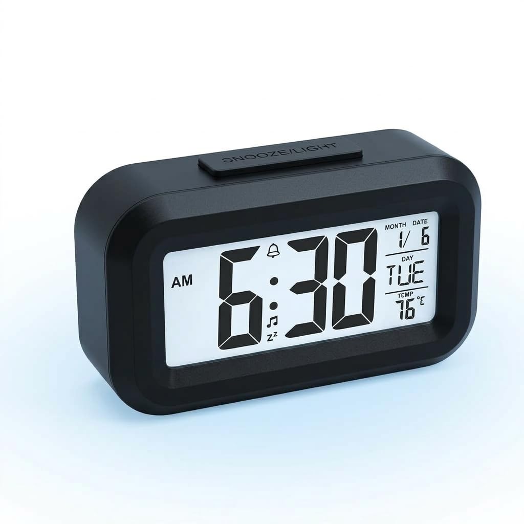 Fanlox Digital Alarm Clock with Large Display, Time Date Temperature Screen, Sensor Night Light, Snooze Function, Silent Battery Operated Bedside Desk Clock for Bedroom Office Travel