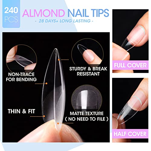 Gellen Gel Tips Nail Extension Kit, Gel Nail Kit with 240Pcs Almond Tips, 3 in 1 UV Glue for Nail Tips, Prep Dehydrator and Primer, U V LED Cure Lamp, Decorations for DIY Manicure Set - Thumbnail 4