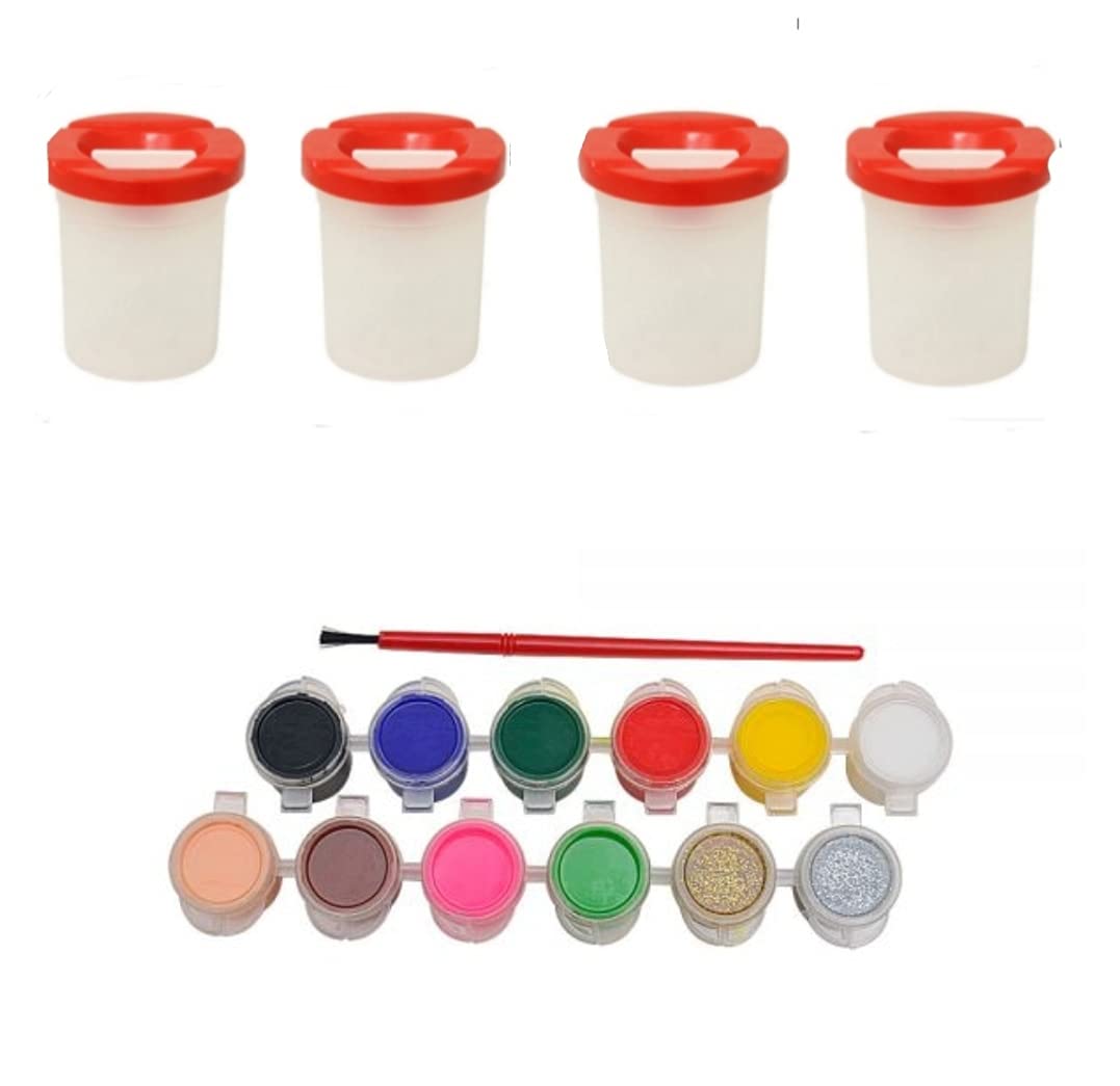 Pehrovin Non Spill Paint Pots/Cups (4) + Set of 12 Tempera (Kids Safe) Colours + 1 Brush for Kids, Toddlers, Nursery, Playgroup,School for NO Mess Painting
