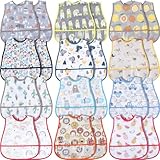 Jeyiour 12 Pcs Baby Waterproof Bibs with Food Catcher Adjustable Snaps Plastic Feeding Bibs for Toddlers, 6 to 36 Months