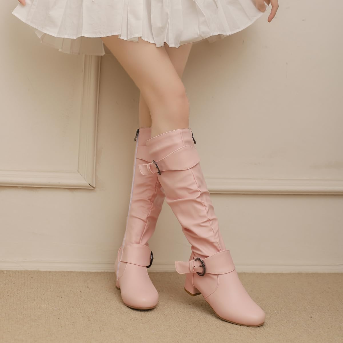 Knee High Slouchy Boots For Womens Round Toe Zipper Buckle Low Heels Tall Long Wide Calf Dressy Boot