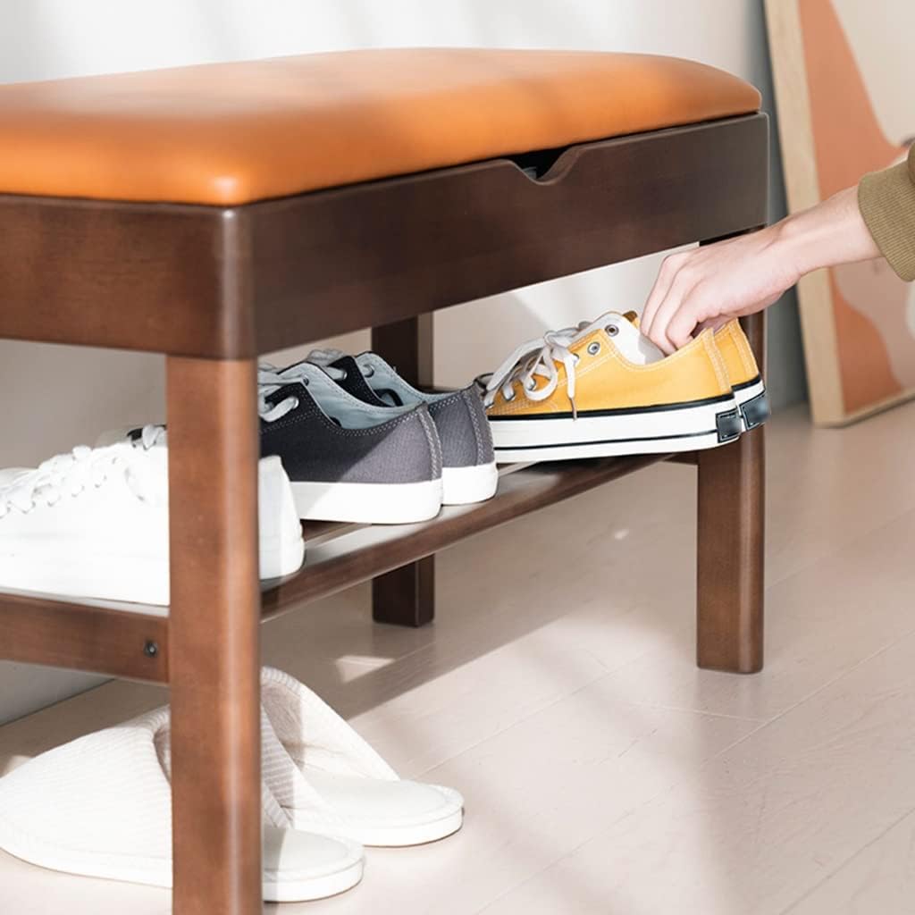 Shoe Rack Bench Wood Storage Bench PU Leather Upholstered Bench Shoe Stand with Hidden Storage Box Show Rack (Color : Brown, Size : 72.6 * 35 * 46.5cm)