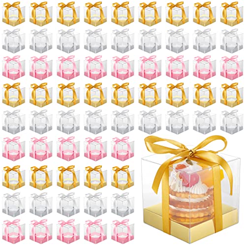 Didaey 120 Pcs Individual Clear Plastic Cupcake Boxes 3.5 Inch Single Cake Containers Bulk Disposable Cupcake Dessert Carrier Holder With Insert And Ribbon For Wedding Birthday, Gold Silver And Pink #TOP8