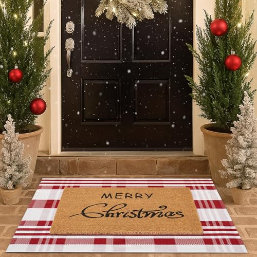 Christmas Door Mat Combo Set - 100% Coco Coir Welcome Mat + 28 x 43 Inch Red and White Diagonal Plaid Rug Christmas New Year Holiday Collection Doormat for Front Porch Entryway Decorative
