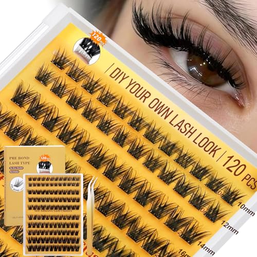 Adando Self Adhesive Eyelashes Kit: 120Pcs Natural Look Reusable Press On Lashes - No Glue Needed Wispy Lash Clusters with Lash Tweezers