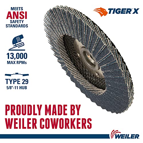 Image of Weiler 51204 Tiger X Flap Disc, Ceramic and Zirconia Alumina, Angled, Phenolic Backing, 36 Grit, 4-1 /2 inch, 5 /8 inch-11 UNC Nut (Pack of 10)