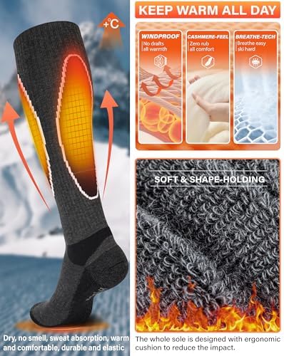 Merino Wool Ski Socks, Cold Weather Socks for Snowboarding, Snow, Winter, Thermal Knee-high Warm Socks, Hunting, Outdoor Sports (3 Pairs (Black Grey Grey), Large)