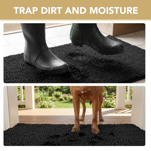 Image of H.VERSAILTEX Dog Door Mat for Muddy Paws Absorbent Dirt Trapper Non Slip Quick Dry Washable Chenille Mats for Dogs Entry Rug for Indoor Outdoor (Black, 17 inch x 24 inch)