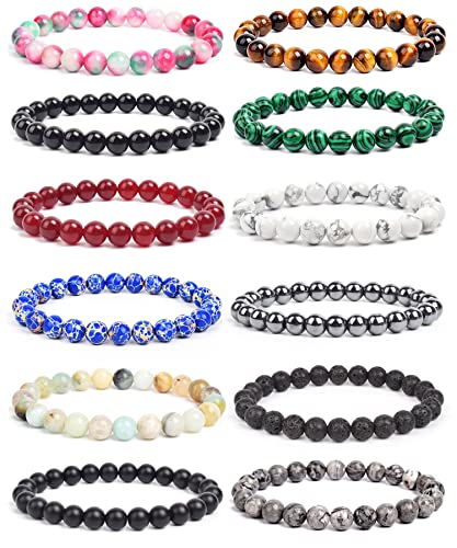 BOMAIL 12Pcs Natural Semi-Precious Gemstones Bracelets -8mm Round Beaded Bracelets for Men Women Reiki Healing Crystals Beads Stretch Bracelet