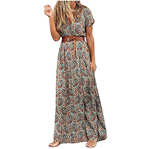 Peigen Women's Summer Dresses Boho Elegant V Neck Short Sleeve Shirt Dresses for Women Maxi Casual Holiday Beach Dress Long