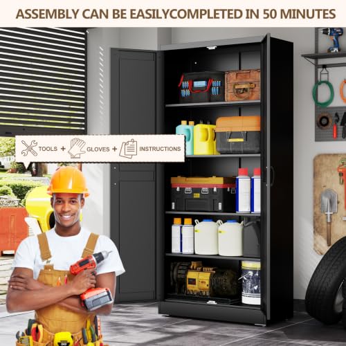 Image of Black Metal Storage Cabinet, 71 inch Kitchen Pantry Cabinets for Office