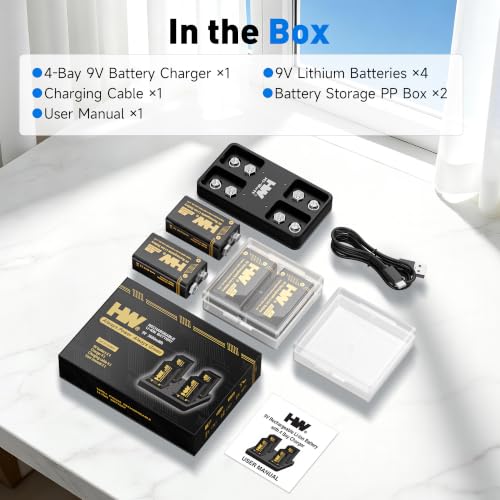HW 9V Rechargeable Batteries 3600mWh Lithium 4 Pack with 4-Slot Charger - image 8