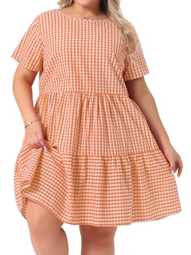 Image of Agnes Orinda Plus Size Gingham Dresses 1950s Vintage Plaid Round Neck Short Sleeve Tiered Midi Summer Dress