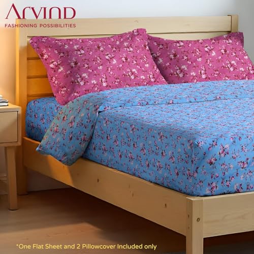 Image of Arvind Bedsheet Set - 100% Cotton Bedsheet for Double Bed (1 King Size Bedsheet with 2 Pillow Covers) Soft Breathable, 144 Thread Count - Slumber -Shade 8(21026-B) | Natural