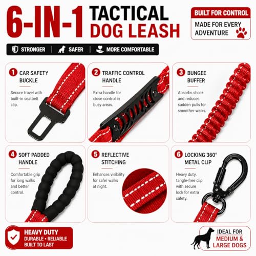 Image of 6-in-1 Tactical Dog Leash for Large & Medium Dogs, Heavy Duty Bungee Leash with Dual Handle, Reflective Shock Absorbing Nylon Training Leash with Car Seat Belt (Red)