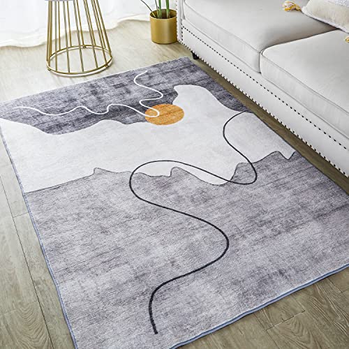 Yufanuho Modern Abstract Area Rugs 5X7 Feet Faux Wool Contemporary Grey Rugs, Sunset Silver Design No-Shedding Low Pile Foldable Silver Rugs For Living Room, Bedrooms Decor #TOP7