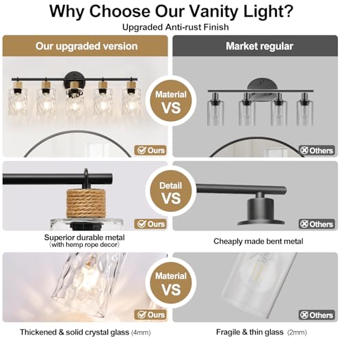 Image of MOKATNG Bathroom Light Fixtures, 5-Light Coastal Vanity Lights with Crystal Glass Shade, Black Bathroom Wall Lamp for Mirror Kitchen Hallway Cabinet