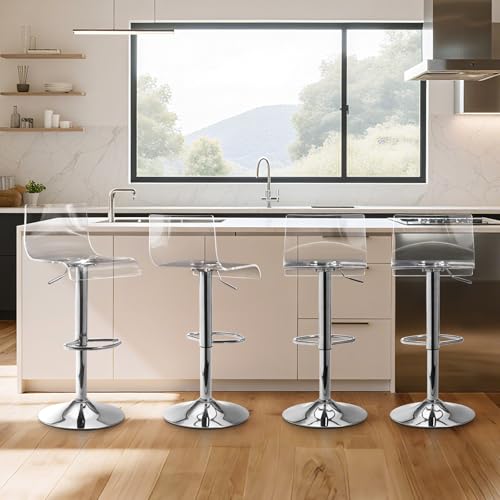 Bar Stools Set of 4, Acrylic Bar Stools with Mid Back, Transparen...