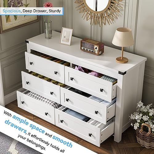Image of HUANLEGO White Dresser for Bedroom with 6 Drawers, Modern Chest of Drawers, Wood Rustic Wide Storage Drawers Dressers Organizer for Closet, Living Room, Hallway