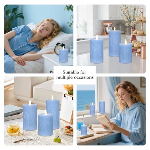 Image of Rustic Blue Flameless Candles with Remote Control & Timer Real Wax Ocean Pillar LED Candles Rough Texture Design Battery Candles for Home Party Nautical Wedding Christmas Valentine's Day Decor