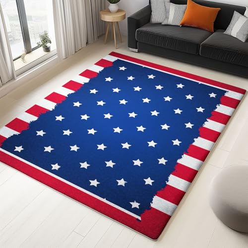 Alfombra de área pequeña suave de pelo bajo Fina Base Antideslizante, Plegable lavable a máquina Alfombras Bandera Nacional Estrellas Rayas Patriotismo Tapiz, para salón entrada baño 80 x 150 cm Azul