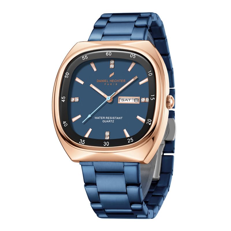 Image of Daniel Hechter Paris Bercy Collection Analog Quartz Watch for Men with Square Dial, Day-Date Display, Crystal Hour Markers and Stainless Steel Strap - DHM1053