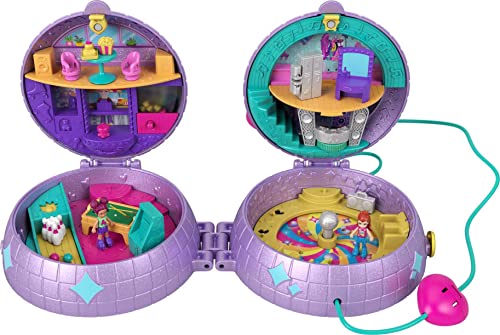 Polly Pocket Double Play Skating Compact, Disco Theme, 2 Micro Dolls, 15 Accessories, 1 Fashion Piece, Pop & Swap Feature, Great Gift for Ages 4 Years Old & Up