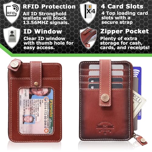 Image of ID Stronghold RFID Blocking Front Pocket Wallet - Slim Minimalist Genuine Leather Wallet with Zipper Coin Pocket (Mega Red)