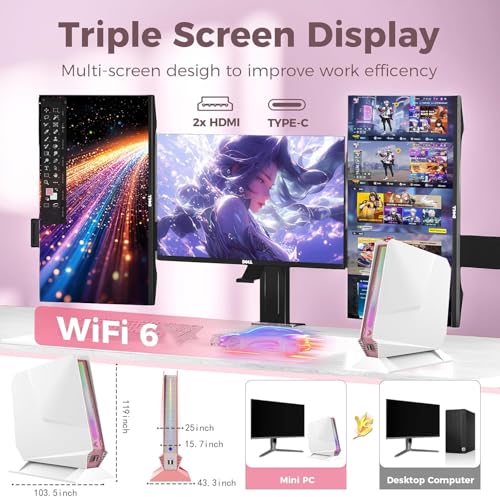 Image of sinbun Mini Gaming PC, core I7-8750H Mini PC Nvdia GTX1050 DDR5 RGB Lights Mini Gaming Computer, 16GB DDR4 512GB NVMe SSD, 2X HDMI Type-C /WiFi6 /BT5.2, Windows 11 Pro Desktop PC, White
