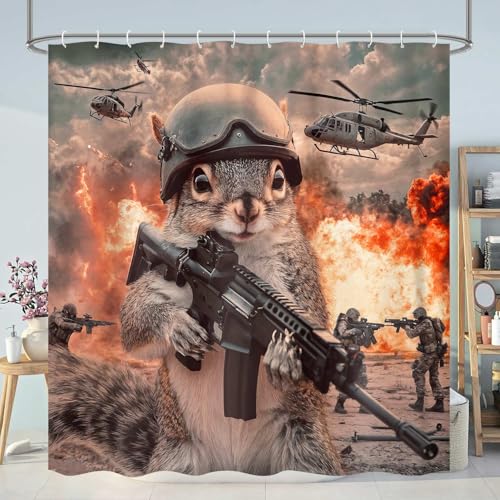 Image of Funny Shower Curtain, Funny Squirrel Helicopter Animal Shower Curtains for Bathroom, Fun Cute Kids Bathroom Decor Shower Curtain, with Hooks 72x72 Inch