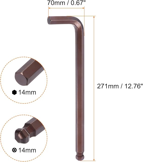 sourcing map Ball End Hex Key Wrench 14mm S2 Steel L-Shape Extra Long Arm