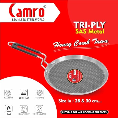 Image of Camro Tawa for Roti and Dosa | Steel Triply Honeycomb Tawa 32 cm | Induction Base Dosa Tava Non Stick | Perma-Cool Handles | Base & Induction Compatible | Metal Spoon Friendly | Sturdy Handles
