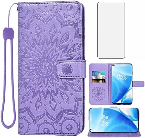 Phone Case for Oneplus Nord N200 5G Wallet with Tempered Glass Screen Protector and Leather Slim Flip Cover Card Holder Stand Cell Accessories One Plus N 200 1plus One+ 1+ N2005G Women Girl Purple