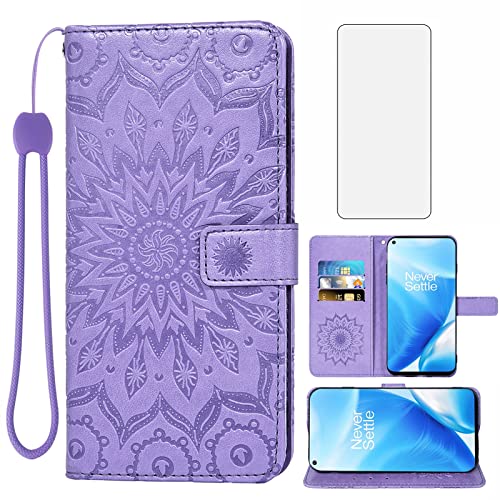 Phone Case For Oneplus Nord N200 5G Wallet With Tempered Glass Screen Protector And Leather Slim Flip Cover Card Holder Stand Cell Accessories One Plus N 200 1Plus One+ 1+ N2005G Women Girl Purple #TOP15