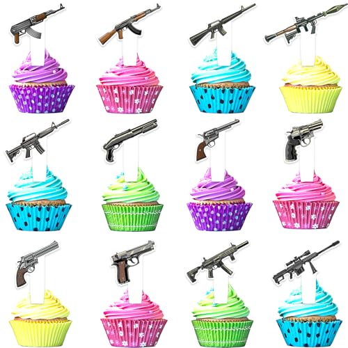Gun Cupcake Toppers Gun Fans Happy Birthday Pistol, Submachine Gun Decoration 24-piece Set, Birthday Party, Military Party Decoration, is an excellent party gift.LIANGSS