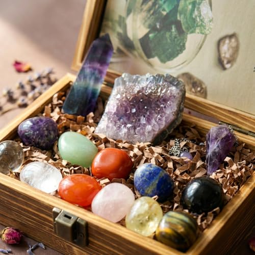 Juliful Unic 15PCS Crystals and Healing Stones Natural Crystals Set for Women Rainbow Fluorite Amethyst Crystal & Pendulum Tumbled Stones Crystal Wands — view 2