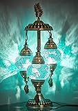 DEMMEX 2019 Stunning 3 Globe Turkish Moroccan Bohemian Table Desk Bedside Night Lamp Light Lampshade with North American Plug & Socket, 19 Inches (Blue Waves)