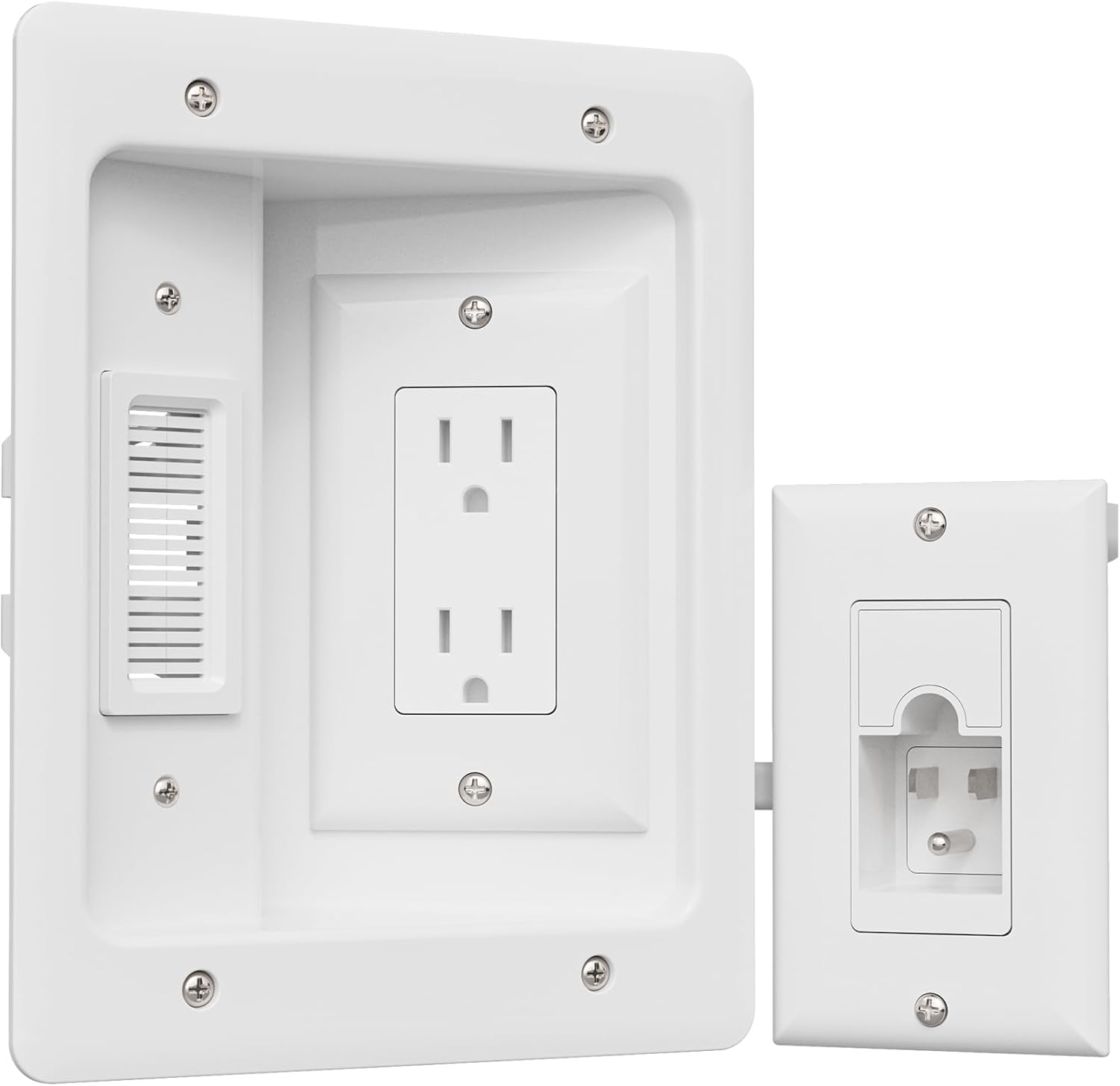 TV Cord Hider for Wall Mounted TV, in-Wall Cable Management Kit, Outlet Box– Dual Outlet Cord Hider with Power & Low Voltage Support, Includes Drywall Saw, Template & Extension Cable