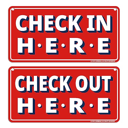 GEEKBEAR Check In Here/Check Out Here Sign (Red, 2 Pack) - Hanging from Ceiling - 12 x 6 in
