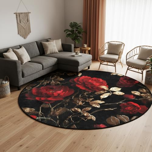 Tapete redondo vintage floral rojo y negro 182 cm miniatura 3