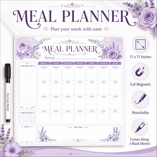 Image of Zesta Vinyl Magnetic Planner for Fridge | Cute Weekly Planner /Meal Planner with Marker | Rewritable Magnetic White Board for Fridge (Harry Potter 11X11 Inches) (Floral Lavenda)