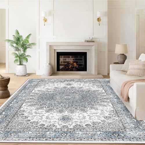 5'x7' Area Rugs for Living Room Non Slip Washable Low Pile Area Rugs for Bedroom Dining Foldable Vintage Carpets Blue