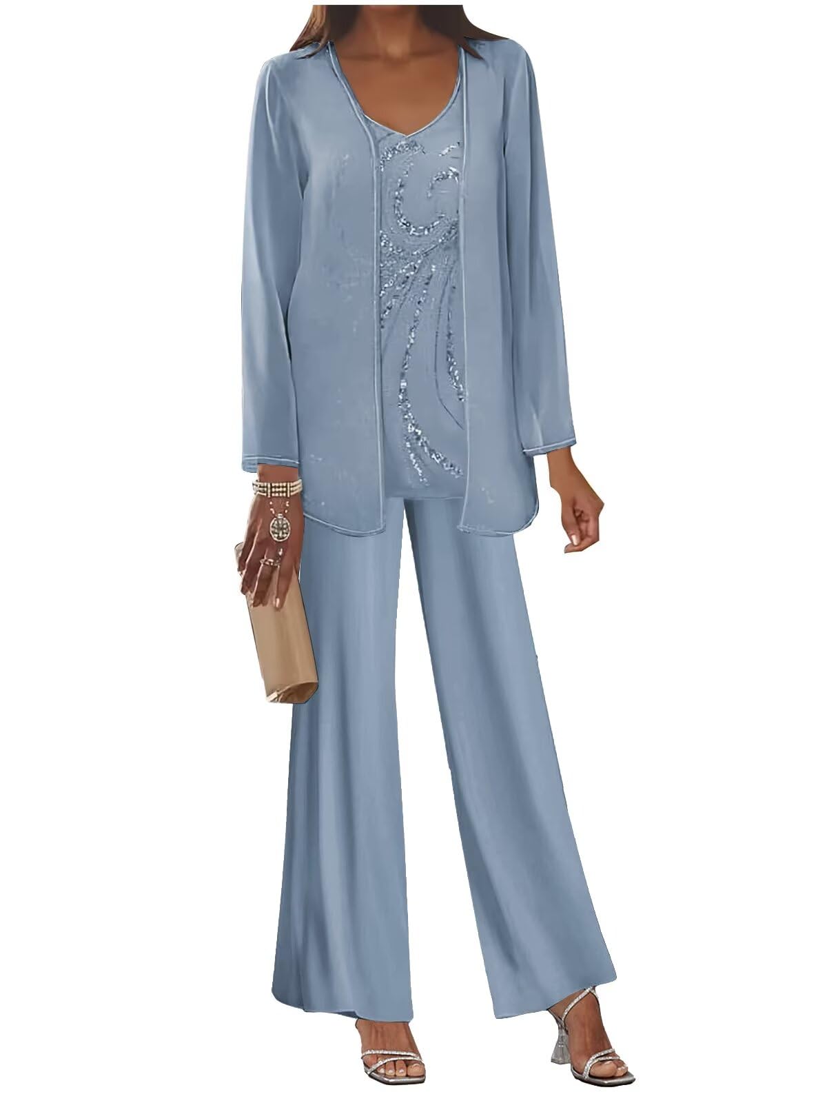 3PC Mother of The Bride Pant Suits for Women Dressy Long Sleeve Wedding Formal Outfit Set with Jacket