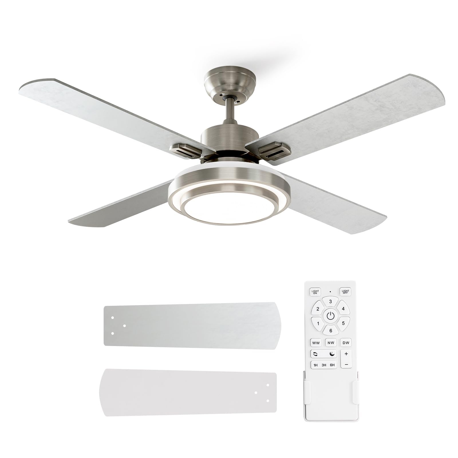 Warmiplanet 52-inch Indoor Ceiling Fan with Integrated LED Lighting kit and Remote Control, Four Reversible White/Silver Blades, Brushed Nickel