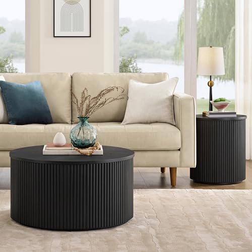 Alaterre Furniture Amos Round Coffee Table for Living Room - 30 Inch Solid Wood Center Table with Fluted Sides, Natural Woodgrain, and Low Profile - Mid Century Modern Living Room Furniture (Black) by Alaterre Furniture - Used condition - Image 7